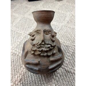 Vintage Signed Studio Pottery Face Vase Folk Art Bearded Man Stoneware Sculpture